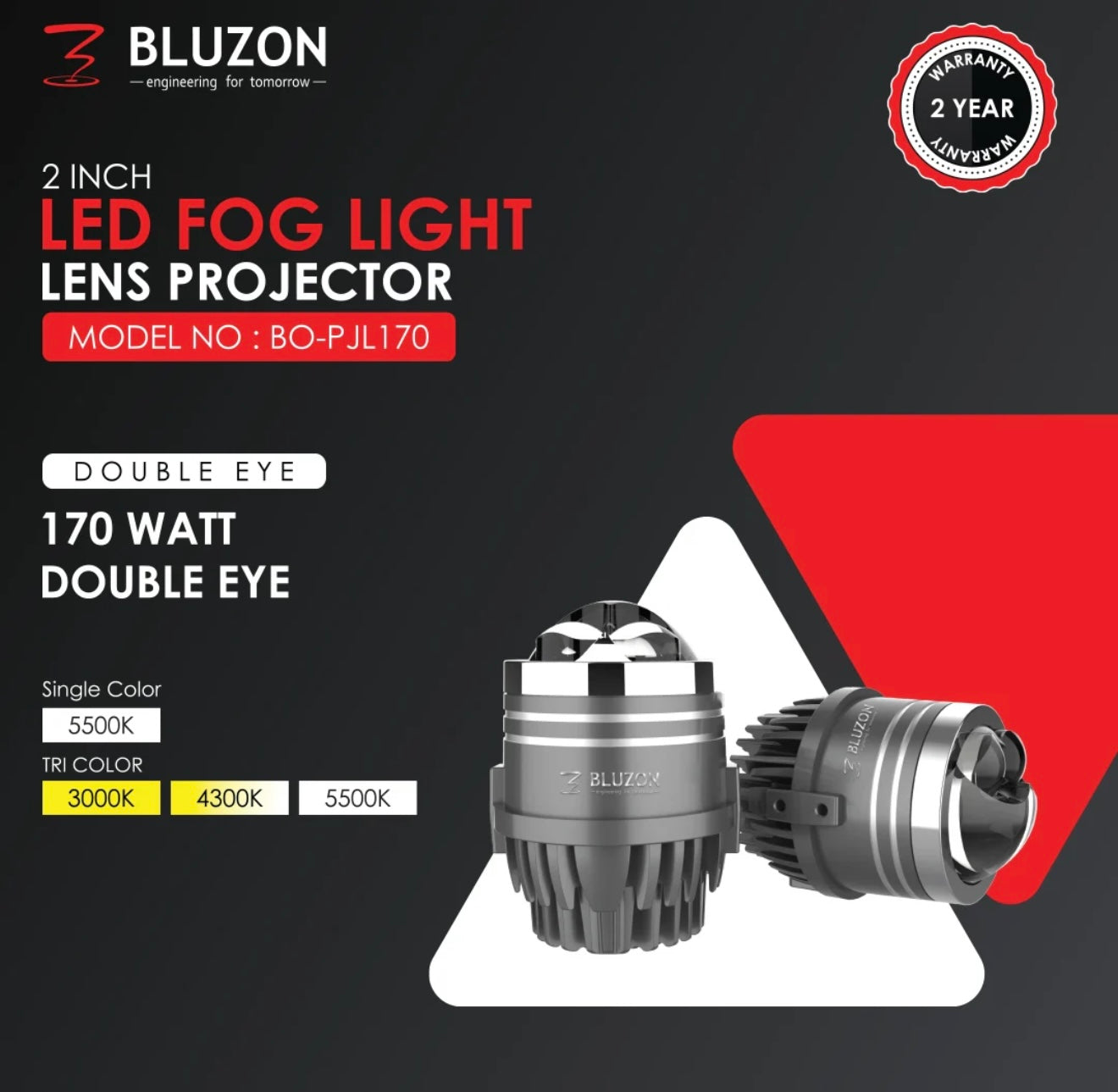 BLUZON 2" Double Eye Tri Color Projector | 2 Years Warranty | 170W