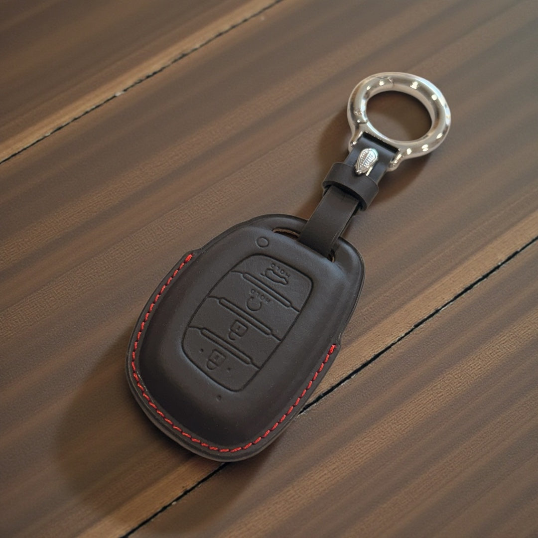 Soft Premium Key Cover For Hyundai | 4 Button (Black with Red Stitching)