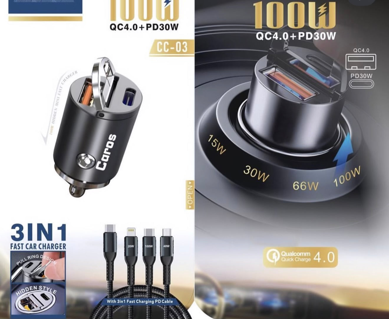 CAROS 100W 3in1 Fast Car Charger with 3in1 PD Cable - Modheads.in