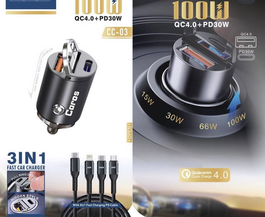 CAROS 100W 3in1 Fast Car Charger with 3in1 PD Cable