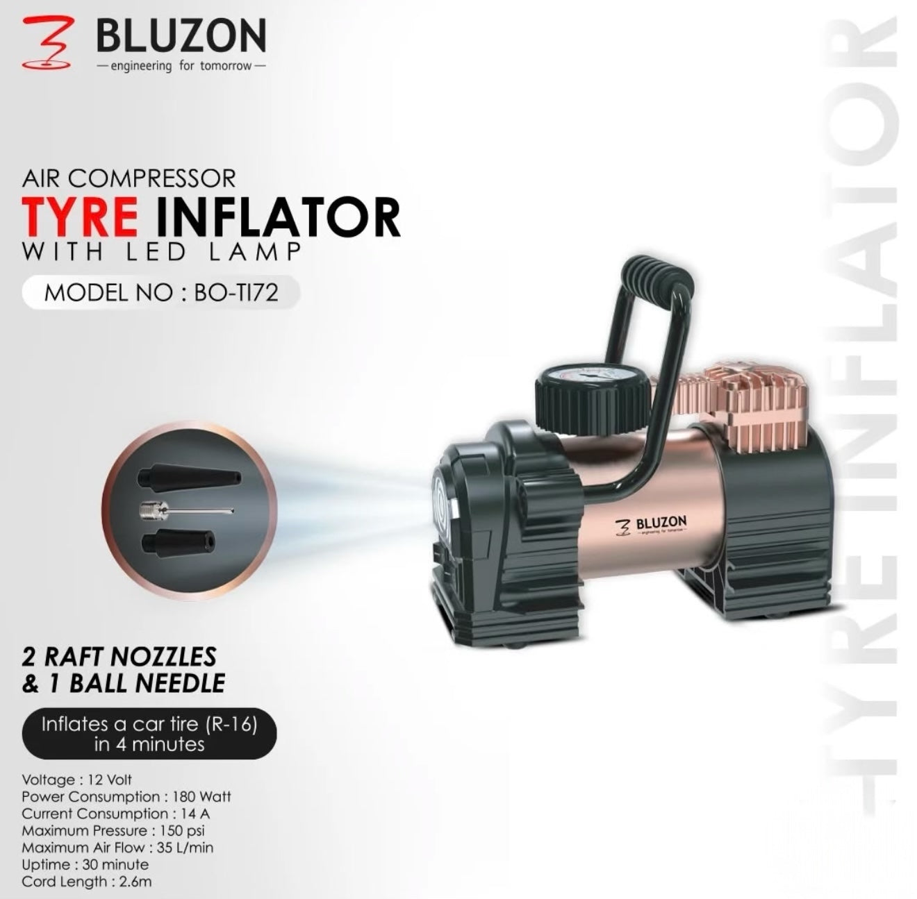 BLUZON Heavy Duty Tyre Inflator With Light - Modheads.in