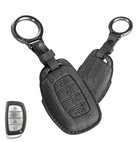 Wood Finish Premium Key Cover For Hyundai | 4 Button (Smoke black)