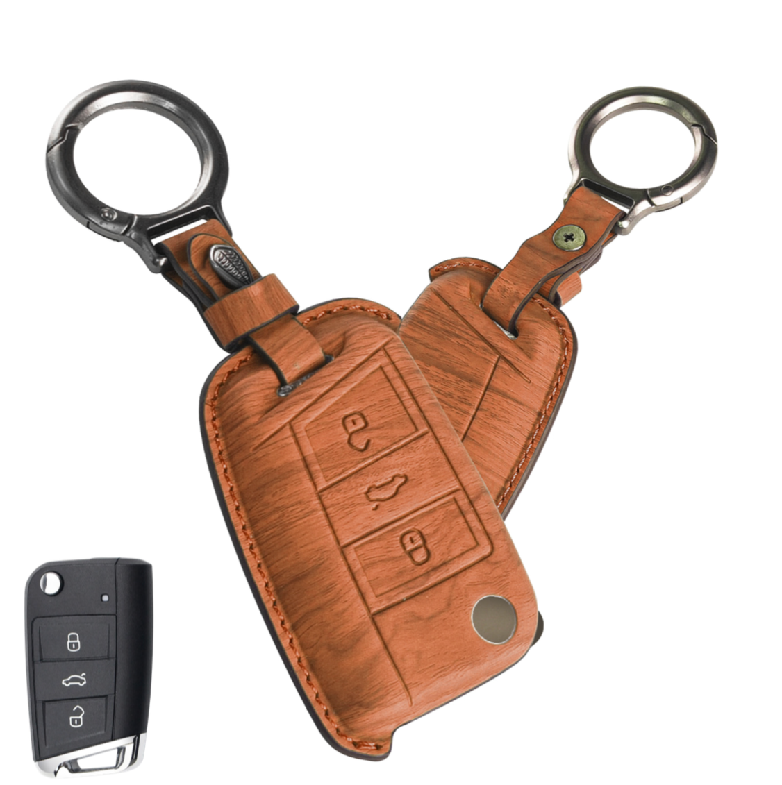 Wood Finish Premium Key Cover For Volkswagen / Skoda | 3 Button (Brown) - Modheads.in