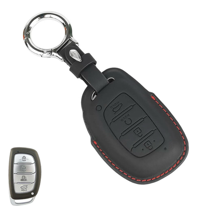 Soft Premium Key Cover For Hyundai | 4 Button (Black with Red Stitching)