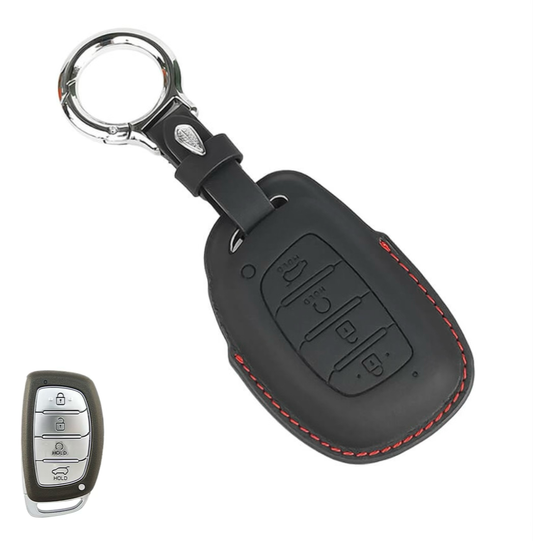 Soft Premium Key Cover For Hyundai | 4 Button (Black with Red Stitching)