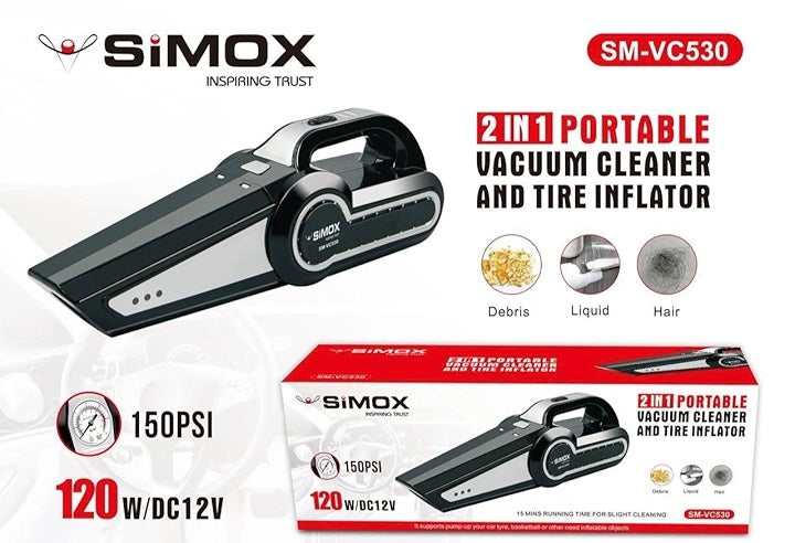 SIMOX 2IN1 Portable Vacuum Cleaner & Tire Inflator 150PSI 120W/DC12V