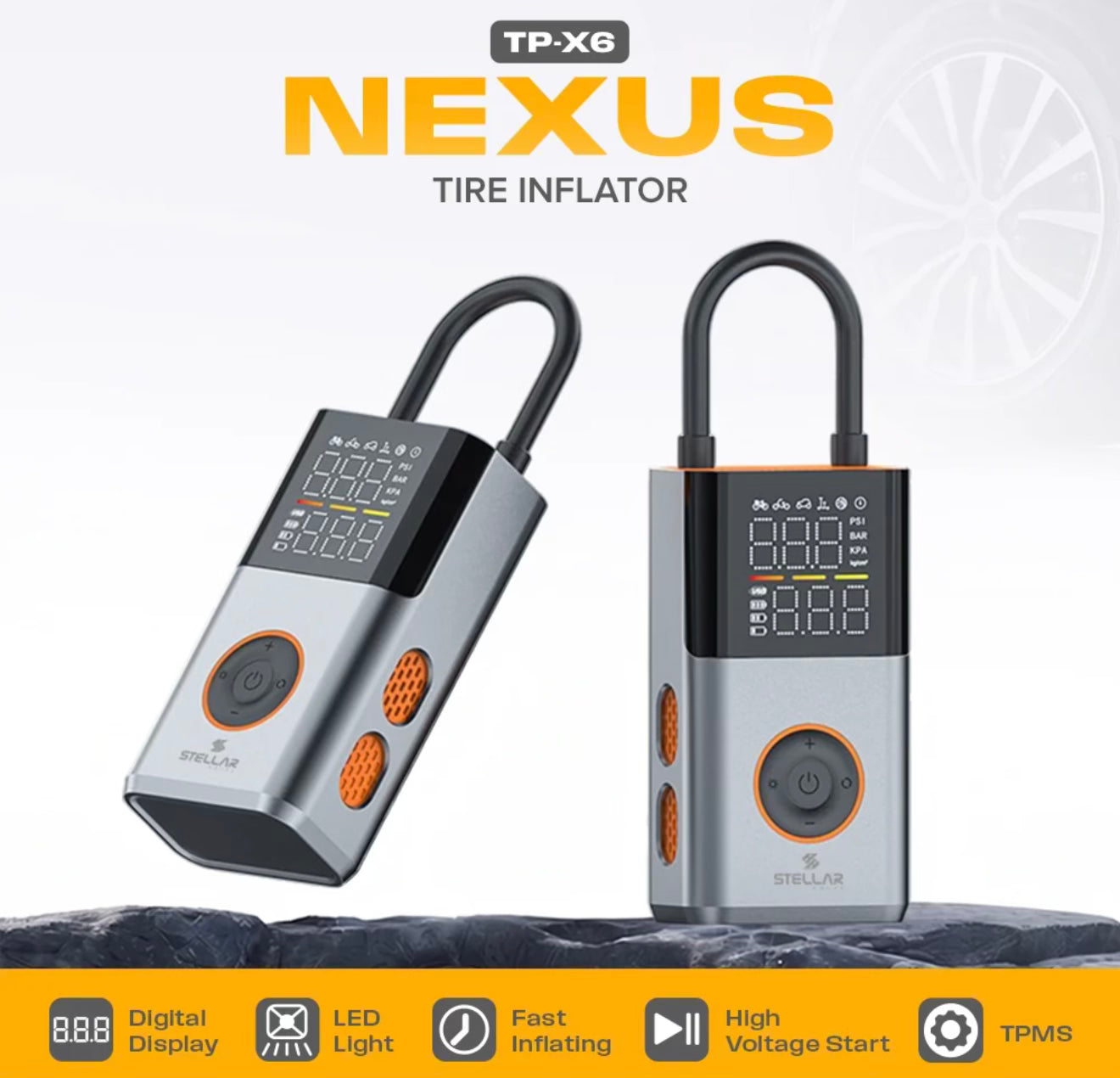 Stellar Drive Portable Tire Inflator | 4500mAh | 150 PSI | TP-X6 NEXUS - 1 Year Warranty