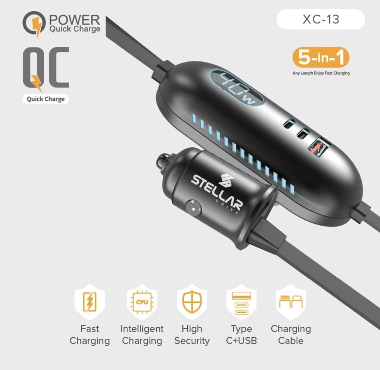 Stellar XC 13 | 5-in-1 Car Mobile Charger | Multi Port | Fast Charger | 1 Year Warranty - Modheads.in