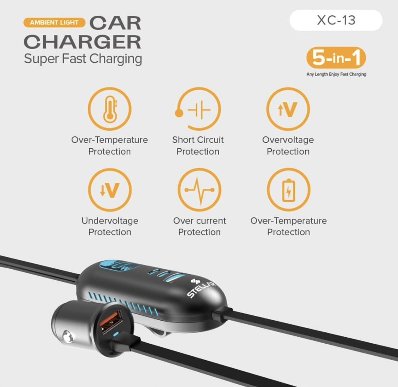 Stellar XC 13 | 5-in-1 Car Mobile Charger | Multi Port | Fast Charger | 1 Year Warranty - Modheads.in
