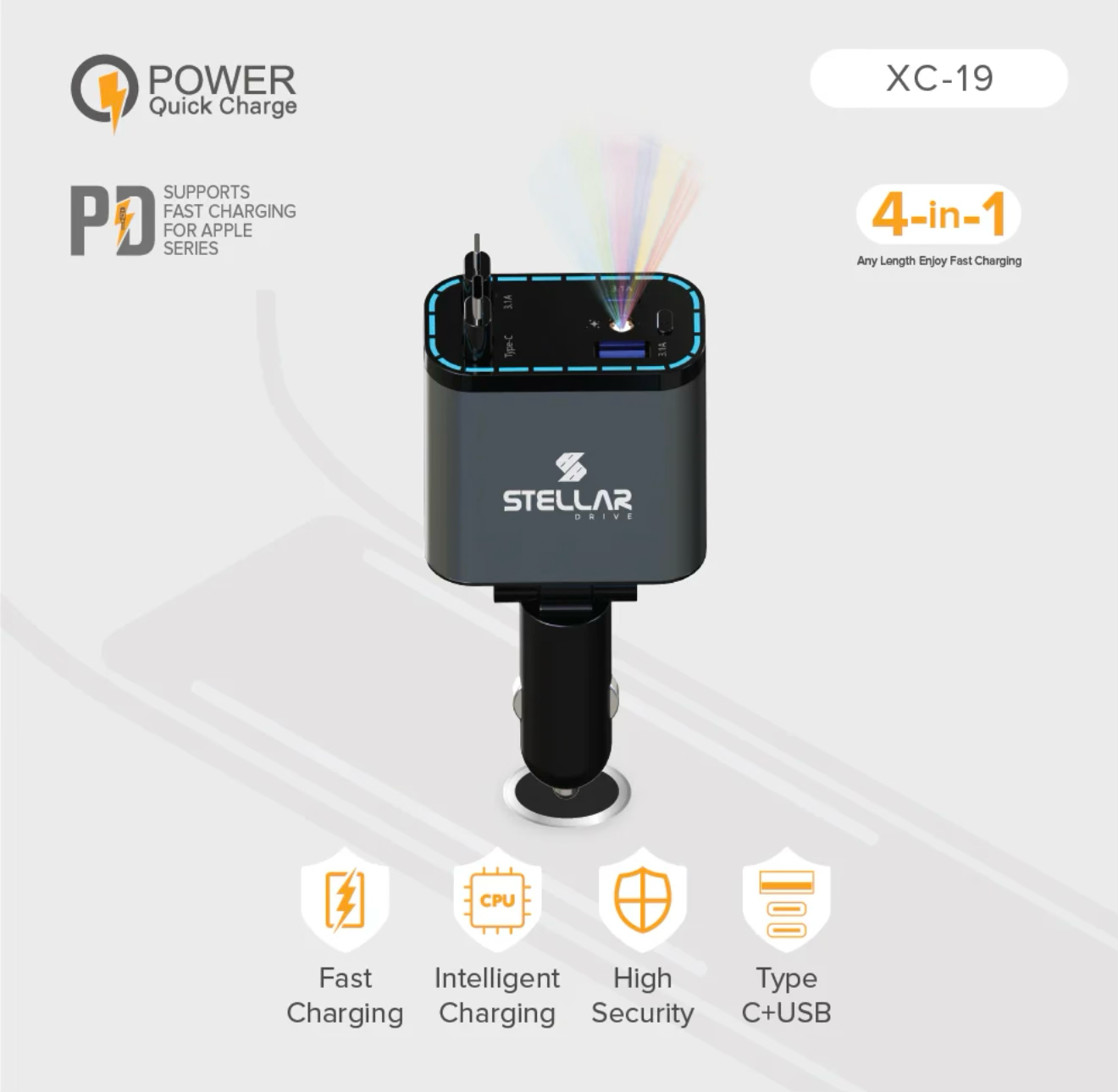 Stellar XC-19 | 4-in-1 Retractable Cable | Fast Charging | 90W | 1 Year Warranty - Modheads.in