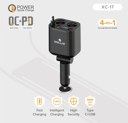 Stellar XC-17 | Dual 12V Car Mobile Charger | Fast Charging | Socket Splitter | 1 Year Warranty - Modheads.in