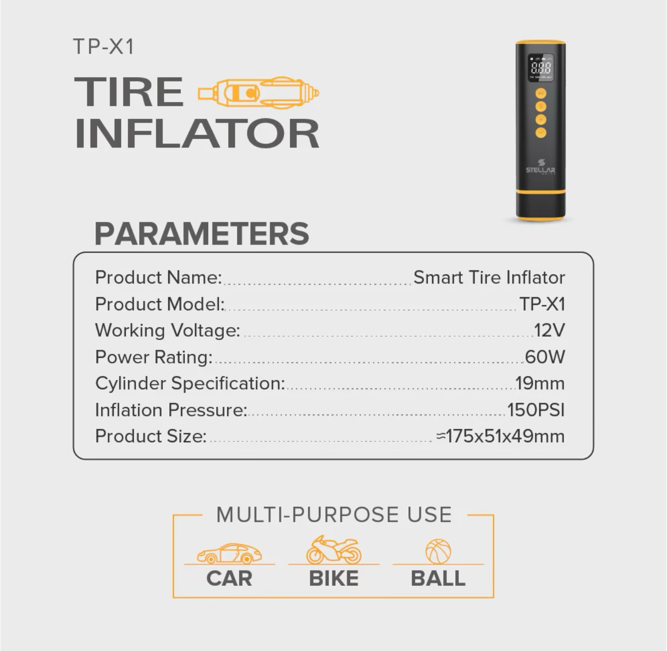 Stellar Car Tyre Inflator | 150 PSI | 3M Power Cord | High-Speed Motor | 1 Year Warranty - Modheads.in