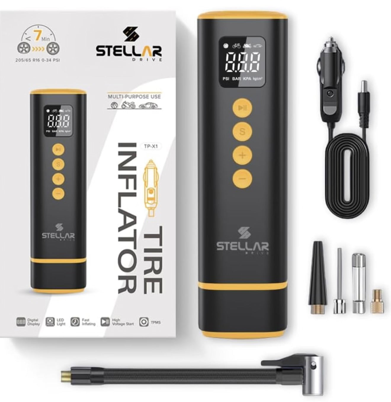 Stellar Car Tyre Inflator | 150 PSI | 3M Power Cord | High-Speed Motor | 1 Year Warranty - Modheads.in
