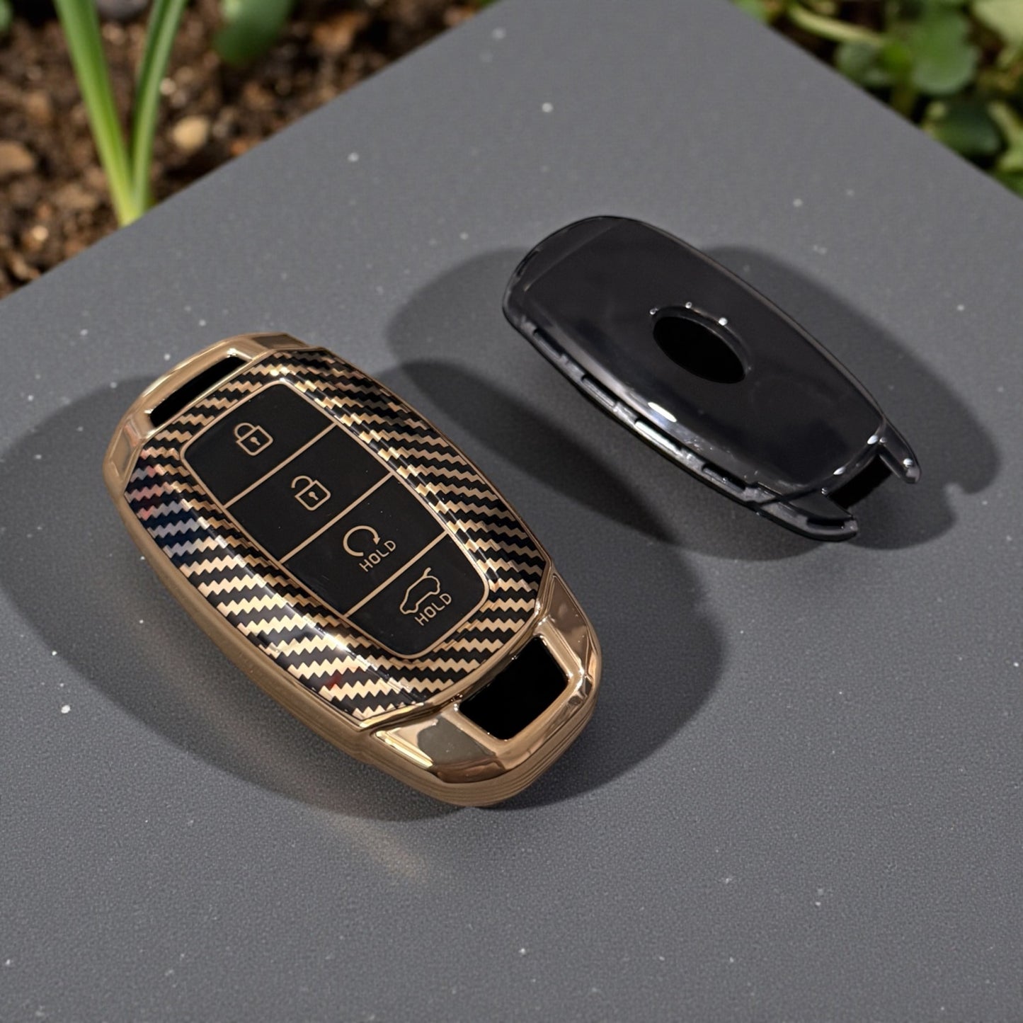Golden Carbon Fiber Finish Soft TPU Key Cover For Hyundai | 4 Button