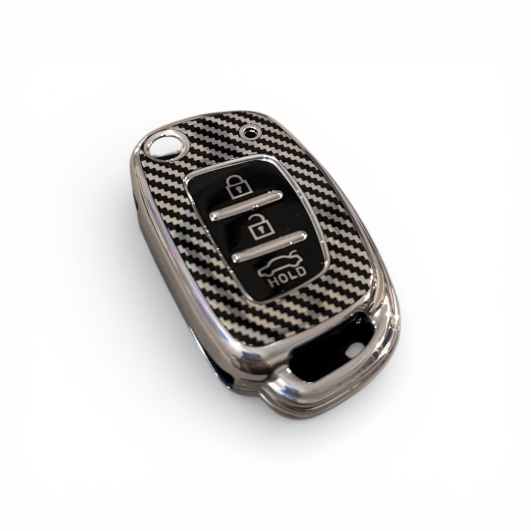 Carbon Fiber Finish Soft TPU Key Cover For Hyundai Flip Key | 3 Button