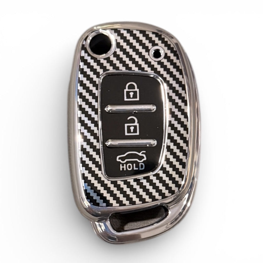 Carbon Fiber Finish Soft TPU Key Cover For Hyundai Flip Key | 3 Button