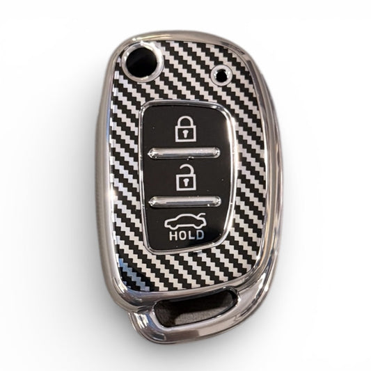 Carbon Fiber Finish Soft TPU Key Cover For Hyundai Flip Key | 3 Button